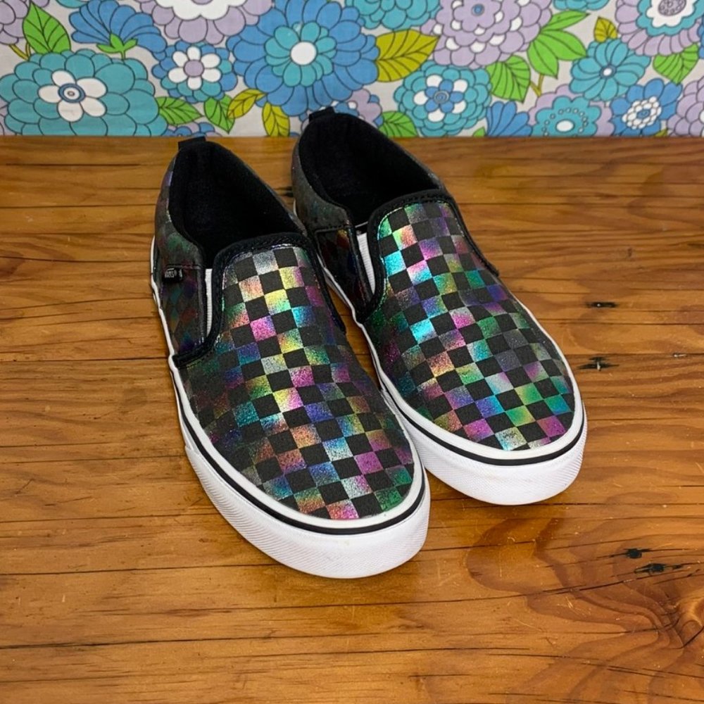 Vans Slip-On Iridescent Rainbow Checkerboard Sneakers Size:5 (Kids 3.5)